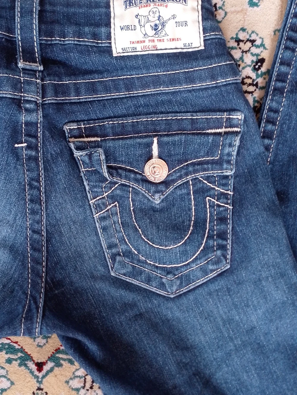 True Religion Denim Skinny Jeans Dark Blue Indigo White Stitch Section Leggings - Picture 3 of 11
